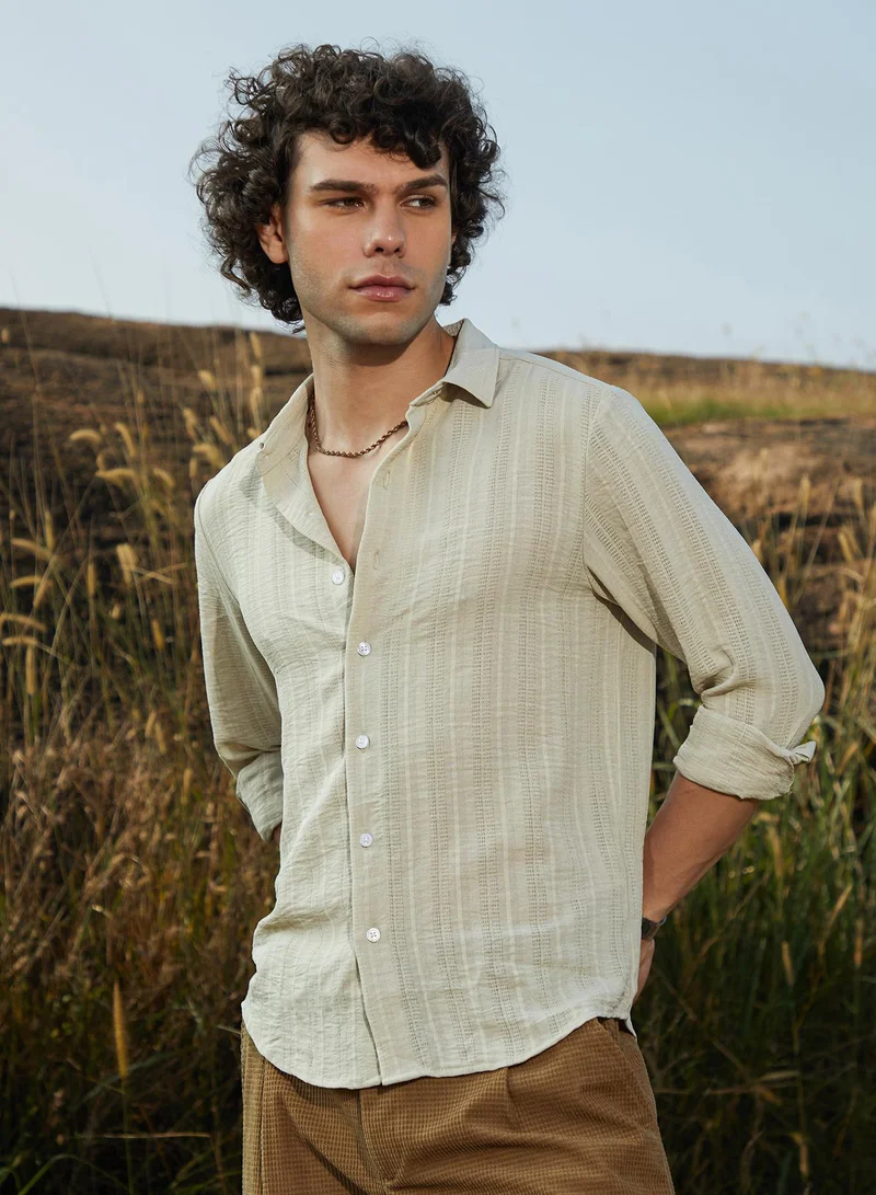 Campus Sutra Men's Saltbox Beige Trough-Tactile Shirt
