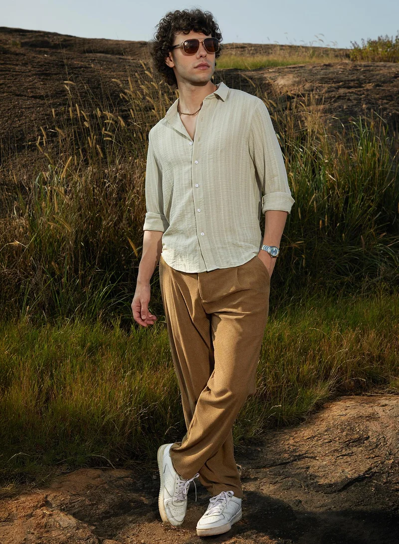 Campus Sutra Men's Saltbox Beige Trough-Tactile Shirt