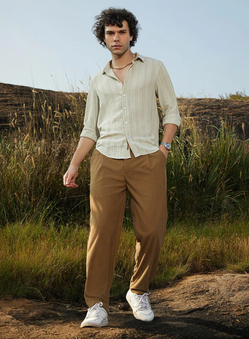 Campus Sutra Men's Saltbox Beige Trough-Tactile Shirt