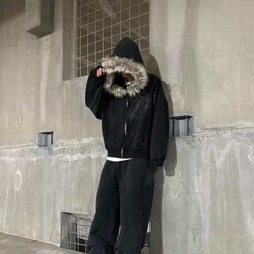 RICHTRUE Therian Fur Hood Jacket Y2k Goth Zip Up Hoodie Oversized Graphic Sweatshirt Emo Grunge Streetwear Fall Winter 2025 (Goth Black,Small) - Image 3