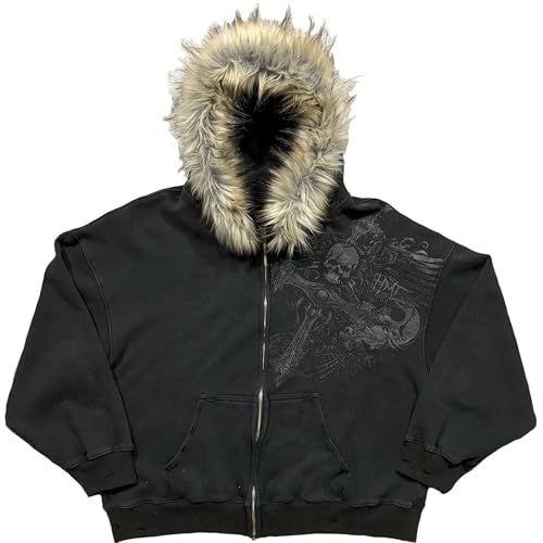 RICHTRUE Therian Fur Hood Jacket Y2k Goth Zip Up Hoodie Oversized Graphic Sweatshirt Emo Grunge Streetwear Fall Winter 2025 (Goth Black,Small) - Image 5