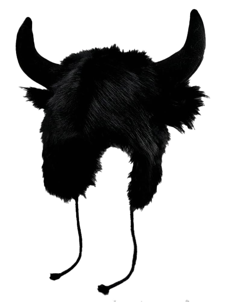 Hzxsny Faux Fur Trooper Hat for Women Men Furry Buffalo Hat with Horns Furry Earmuff Winter Trooper Caps Fluffy Earflap Cap 2025 A-Black - Image 1