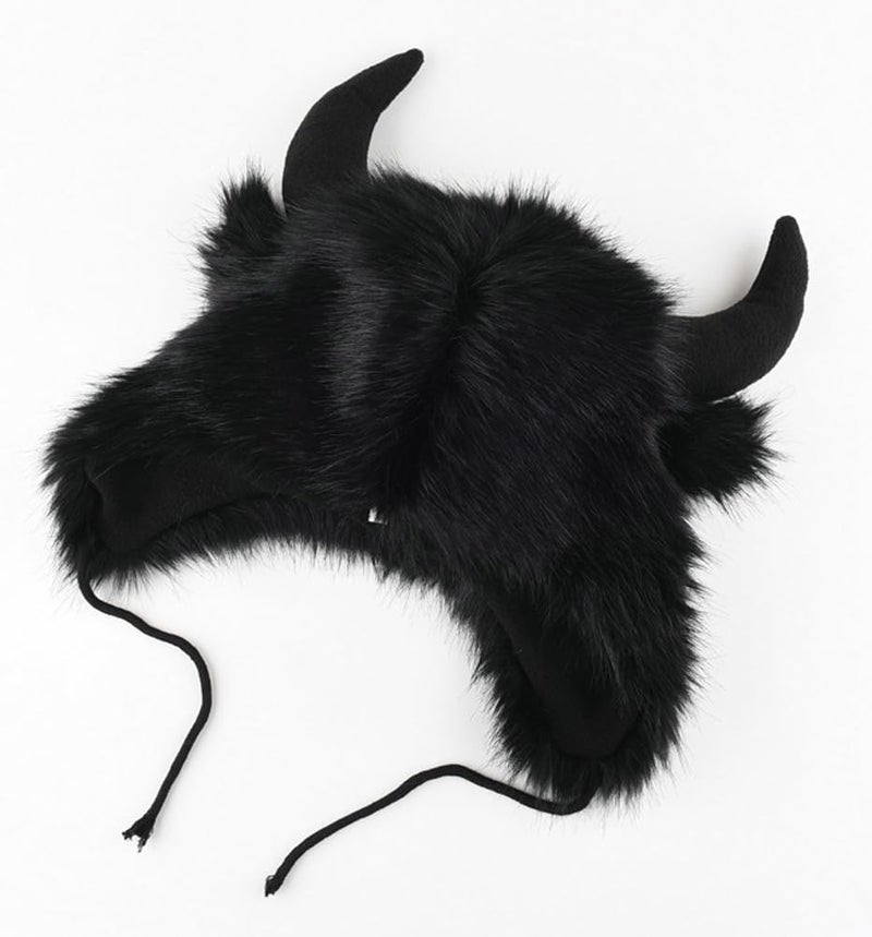 Hzxsny Faux Fur Trooper Hat for Women Men Furry Buffalo Hat with Horns Furry Earmuff Winter Trooper Caps Fluffy Earflap Cap 2025 A-Black - Image 2