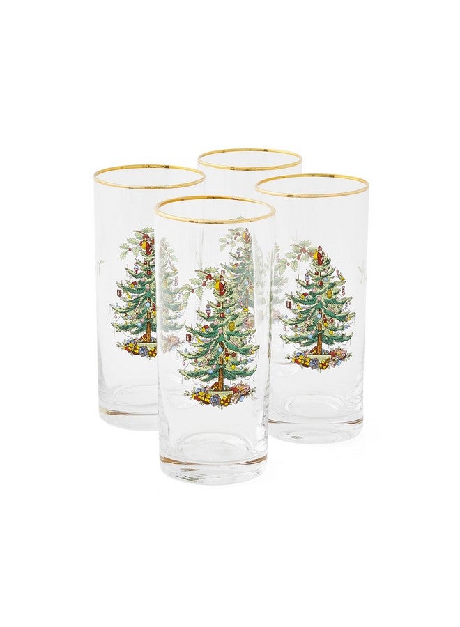 Spode Christmas Tree 15oz Highball Glasses, Set of 4 - Gold-Rimmed Elegant Holiday-Themed Glassware, Festive Holiday Drinkware for Christmas Parties, New Year’s Toasts, and Festive Occasions - Image 1
