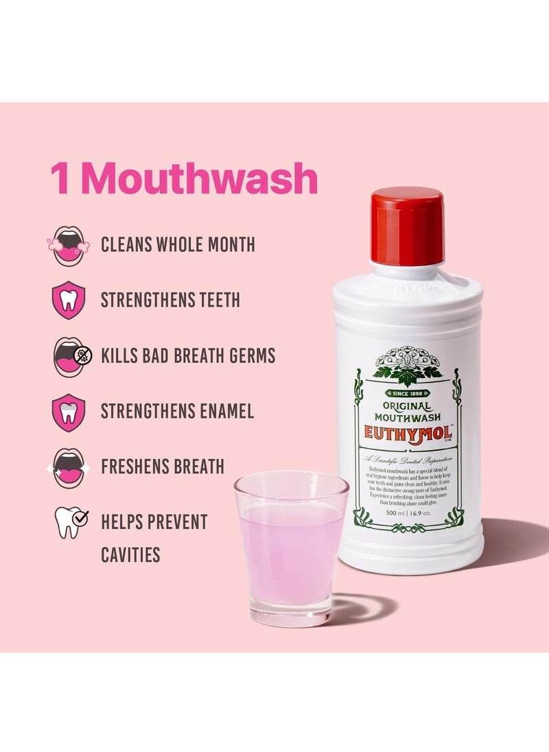 Euthymol Euthymol Mouthwash Original 500ml, Fluoride Free Alcohol-Free, Distinctive Strong Taste Flavour, Reduce Plaque Gingival Clean Healthy Teeth Gums, Freshens Breath Refreshing Daily Oral Dental Care  - Image 2
