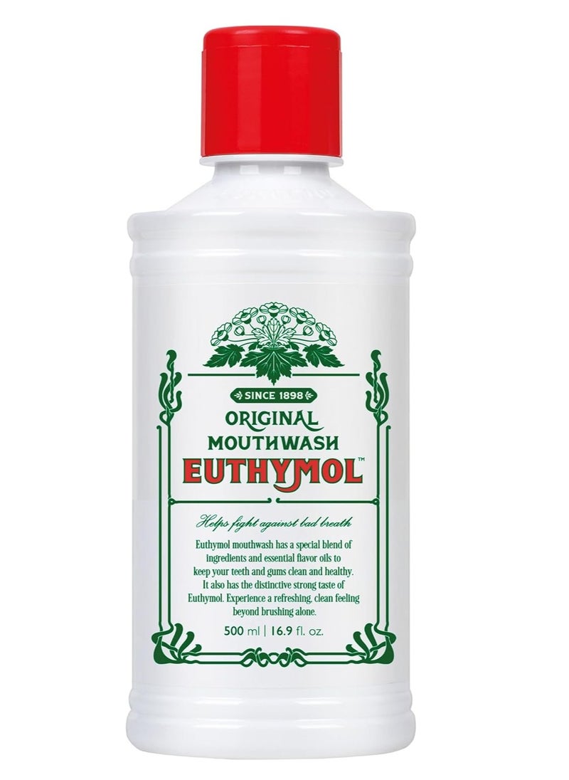 Euthymol Euthymol Mouthwash Original 500ml, Fluoride Free Alcohol-Free, Distinctive Strong Taste Flavour, Reduce Plaque Gingival Clean Healthy Teeth Gums, Freshens Breath Refreshing Daily Oral Dental Care  - Image 1