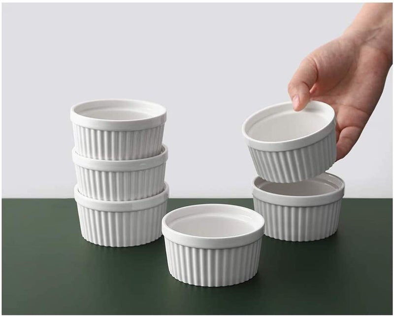 TAGROCK Porcelain Ramekins Oven Safe Baking Bowl and Serving Set for Pudding Lava Cake Dessert Ketchup 100ml White Set of 6 - Image 4