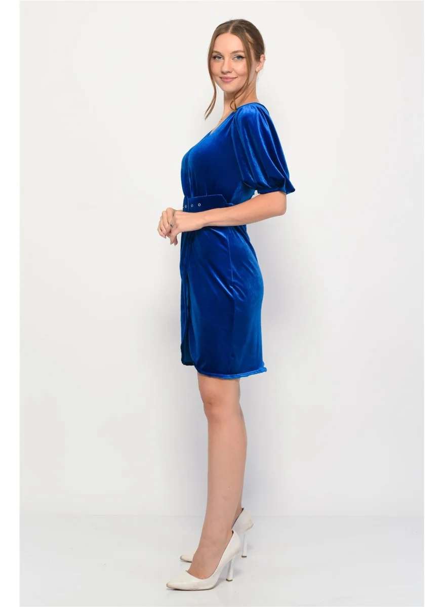 Nuseel Velvet Double Breasted Collar Short Balloon Sleeve Mini Dress in Saxe