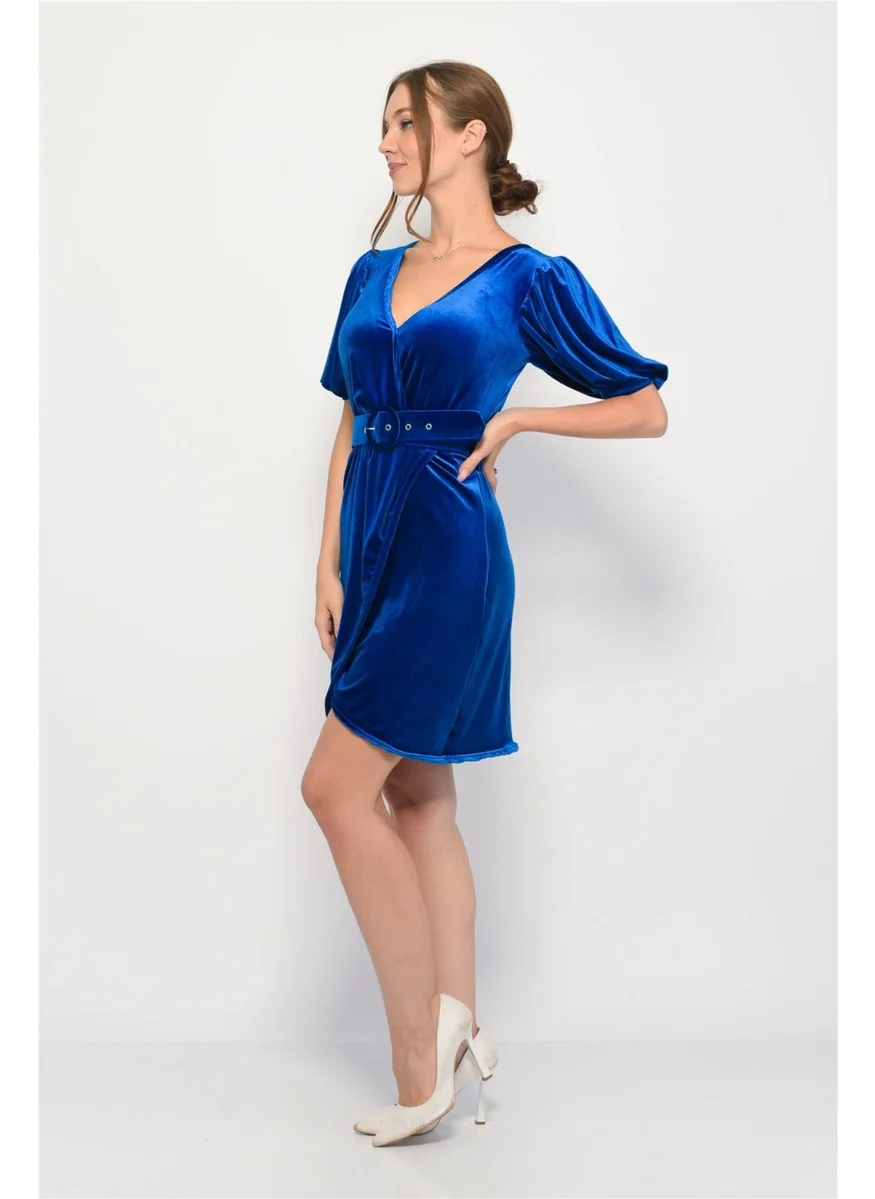 Nuseel Velvet Double Breasted Collar Short Balloon Sleeve Mini Dress in Saxe