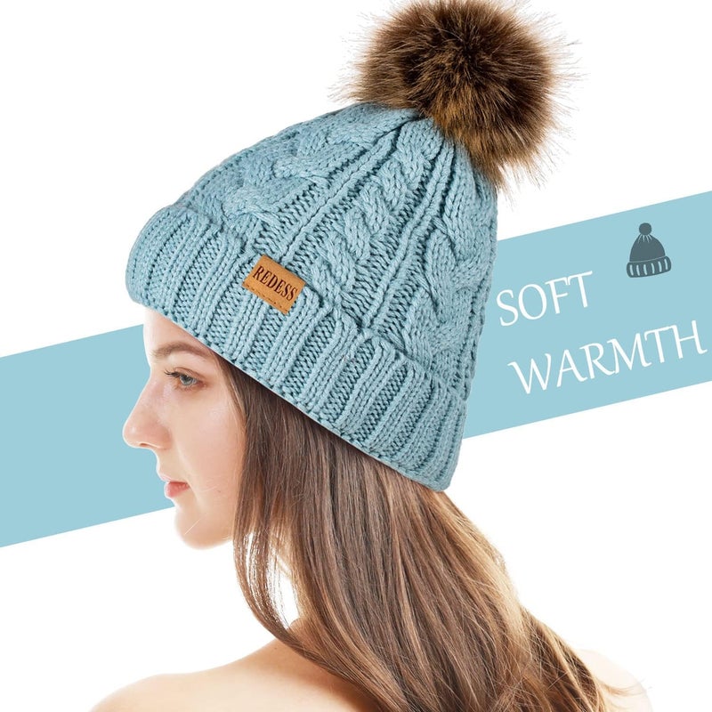 REDESS Women Winter Pompom Beanie Hat with Warm Fleece Lined, Thick Slouchy Snow Knit Skull Ski Cap - Image 2