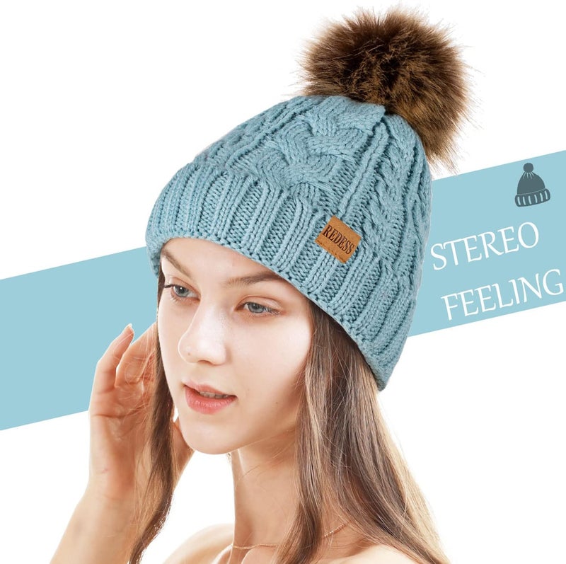 REDESS Women Winter Pompom Beanie Hat with Warm Fleece Lined, Thick Slouchy Snow Knit Skull Ski Cap - Image 1