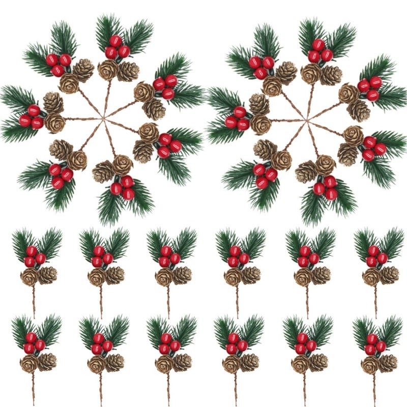 YGbridge Christmas Floral Picks 30Pcs Pine Cone Holly Berry Stems for Crafts Artificial Christmas Picks and Sprays Red Berry Branches Greenery for Christmas Home Decor Garland Wreath 30