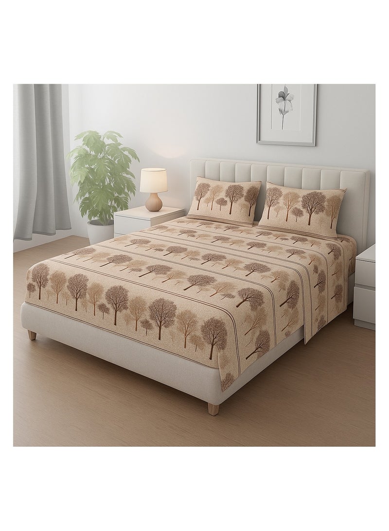 King Size Flat Bedsheet 250x240 cm with 2 Pillow Covers – Soft Microfiber, Autumn Tree Print in Beige & Brown  - Image 1