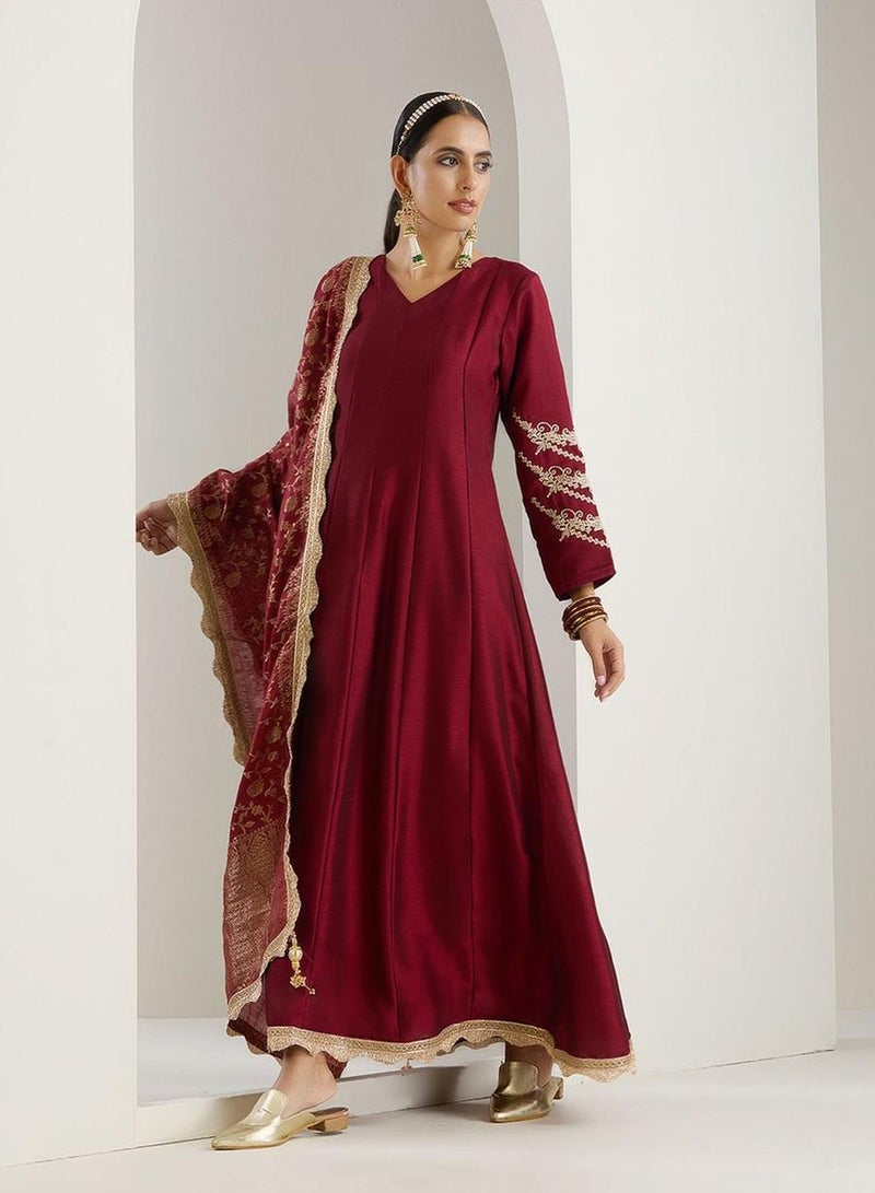 ISHIN Women's Wine Polyester Blend Embellished Midi Kaftan Straight Fit Dress  - Image 5