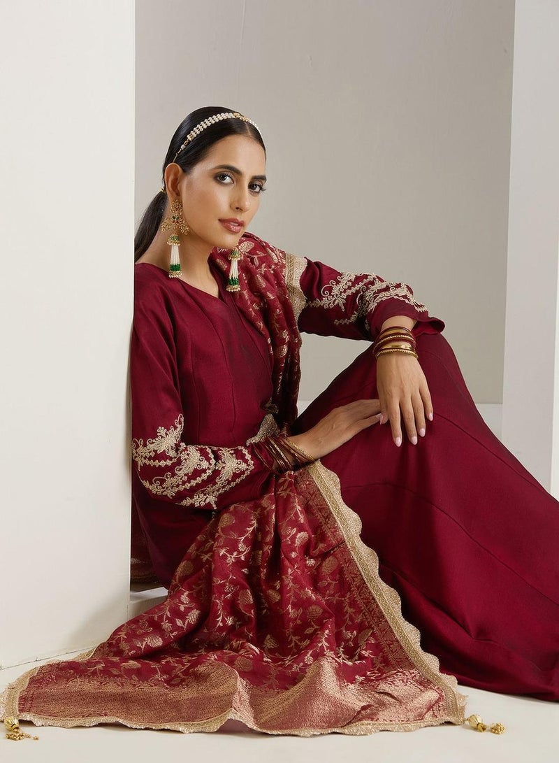 ISHIN Women's Wine Polyester Blend Embellished Midi Kaftan Straight Fit Dress  - Image 1