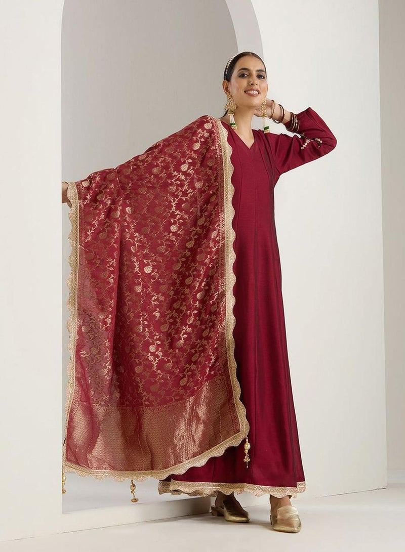 ISHIN Women's Wine Polyester Blend Embellished Midi Kaftan Straight Fit Dress  - Image 2