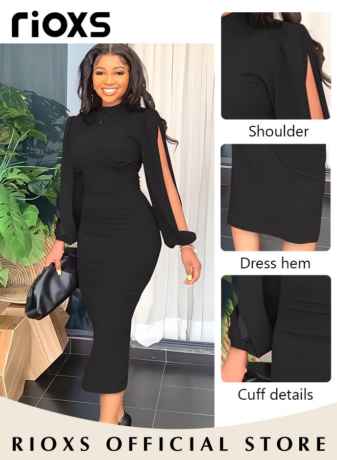 RIOXS Women's Fashion Solid Colour Pleated Dress Slim Split Sleeve Bodycon Dress Formal Midi Work Pencil Dress  - Image 4