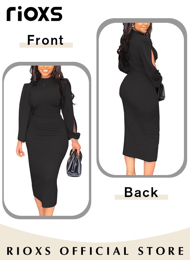 RIOXS Women's Fashion Solid Colour Pleated Dress Slim Split Sleeve Bodycon Dress Formal Midi Work Pencil Dress  - Image 3