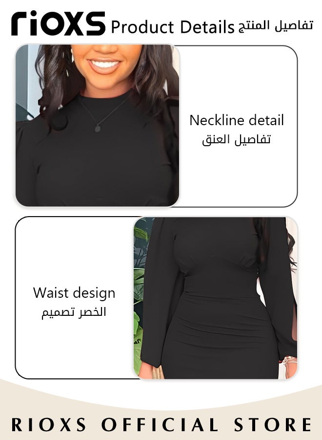 RIOXS Women's Fashion Solid Colour Pleated Dress Slim Split Sleeve Bodycon Dress Formal Midi Work Pencil Dress  - Image 5