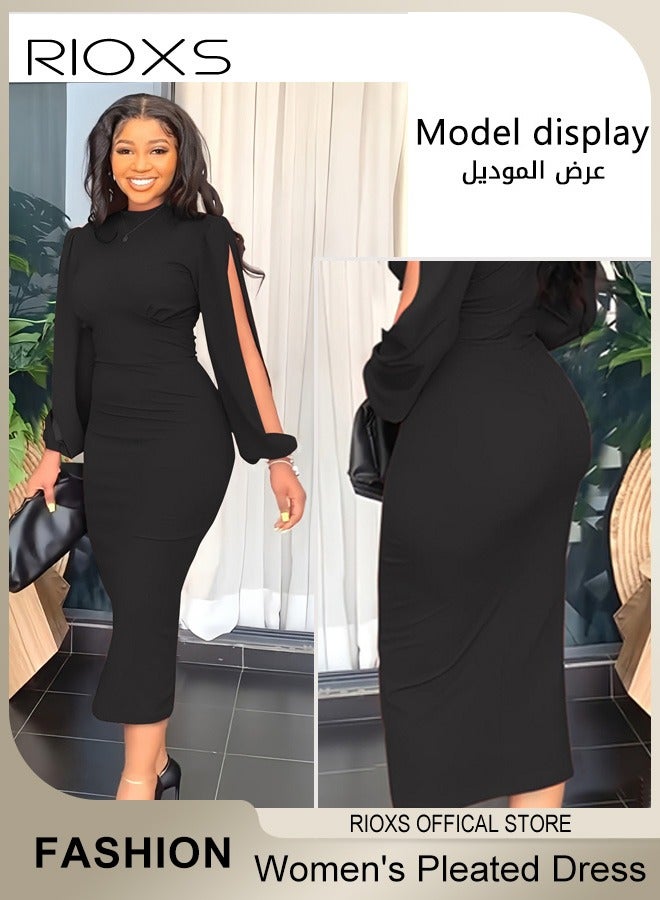 RIOXS Women's Fashion Solid Colour Pleated Dress Slim Split Sleeve Bodycon Dress Formal Midi Work Pencil Dress  - Image 2