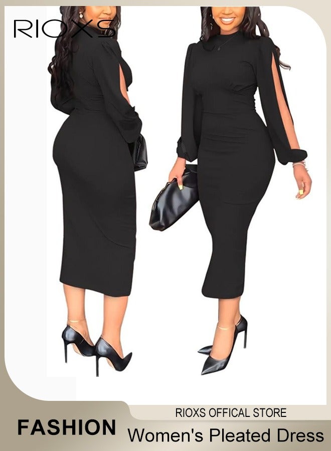 RIOXS Women's Fashion Solid Colour Pleated Dress Slim Split Sleeve Bodycon Dress Formal Midi Work Pencil Dress  - Image 1