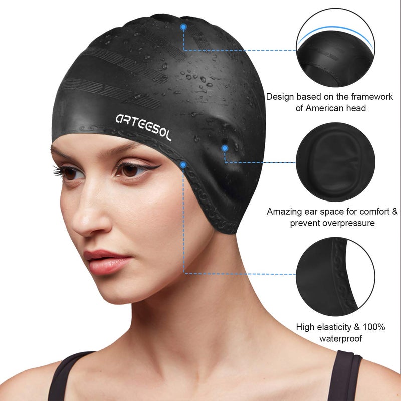 Arteesol Swimming Cap, Silicone Swim Cap for Women Men, Durable Non-Slip Waterproof Swim Cap Protect Ears, Long Hair for Adults, Older Kids - Image 2