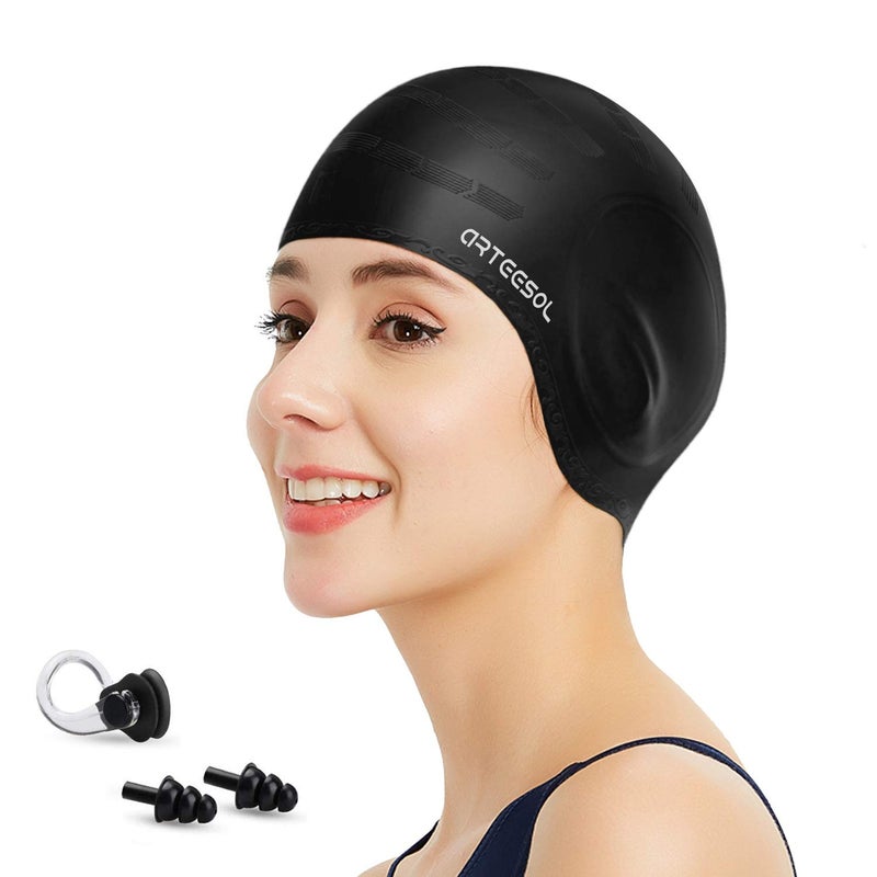 Arteesol Swimming Cap, Silicone Swim Cap for Women Men, Durable Non-Slip Waterproof Swim Cap Protect Ears, Long Hair for Adults, Older Kids - Image 1
