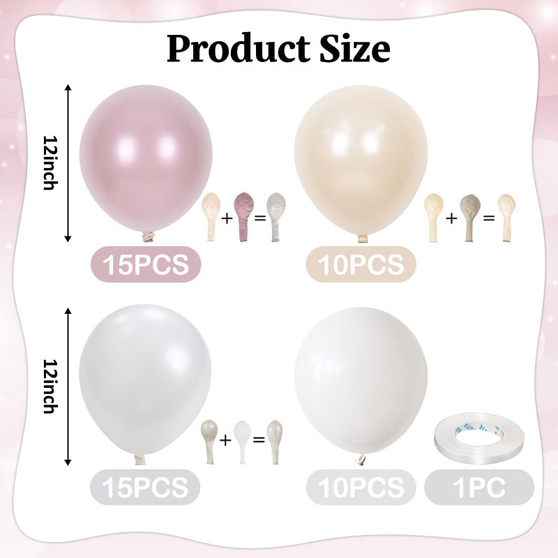 Togvu Double Stuffed Pearl White and Pink Balloons, 50pcs Double Stuffed Pearl Sand White Dusty Retro Pink Latex Balloons for Women Girls Boho Birthday Party Baby Shower Bridal Shower Wedding Engagement - Image 4