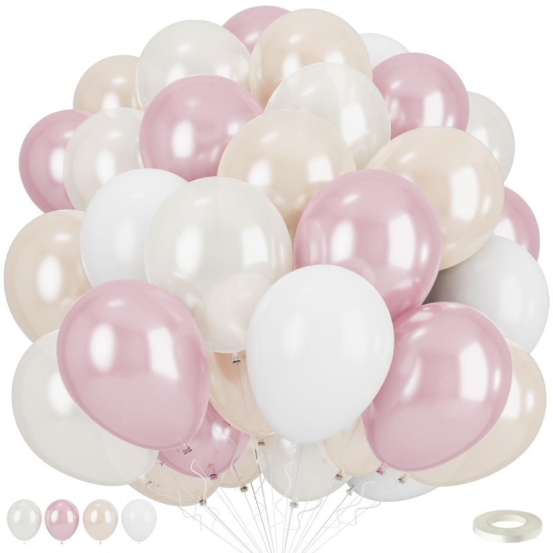 Togvu Double Stuffed Pearl White and Pink Balloons, 50pcs Double Stuffed Pearl Sand White Dusty Retro Pink Latex Balloons for Women Girls Boho Birthday Party Baby Shower Bridal Shower Wedding Engagement - Image 1