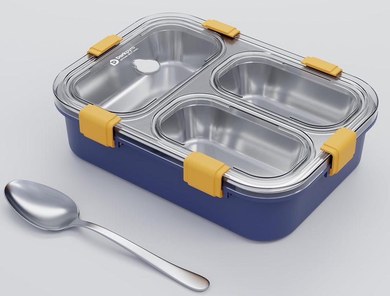 Darkpyro 3 Compartment Stainless Steel Lunch Box Leakage Proof Lunch Box For School Kids And Adults Pack Of 1 Blue750ML - Image 1