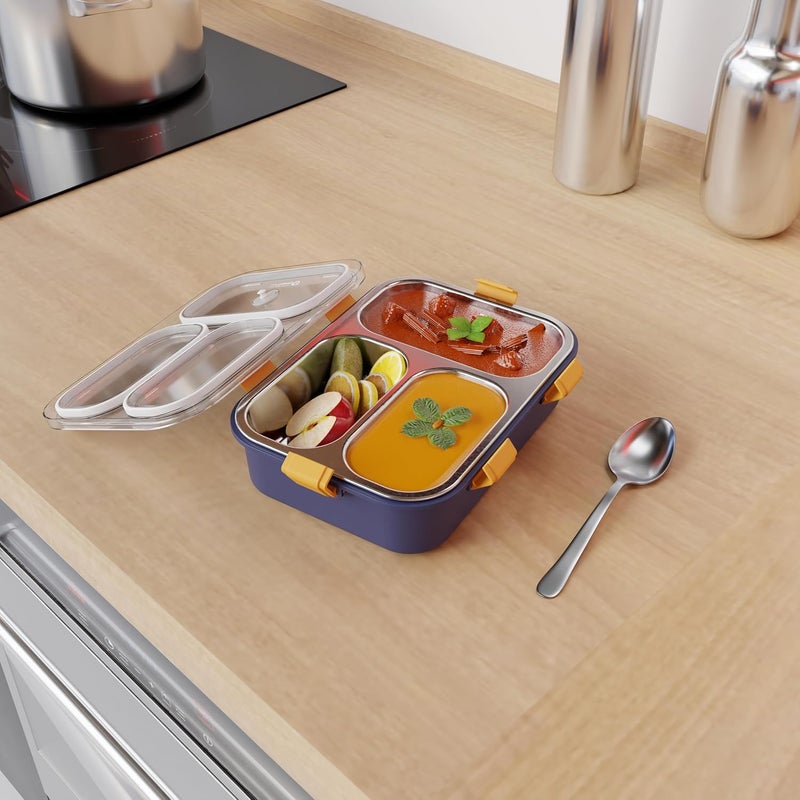 Darkpyro 3 Compartment Stainless Steel Lunch Box Leakage Proof Lunch Box For School Kids And Adults Pack Of 1 Blue750ML - Image 4