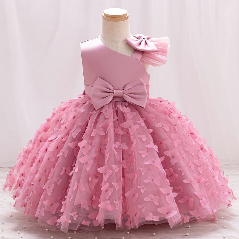 New girls solid color princess year-old bow puffy dinner performance dress year-old catch week dress wholesale Bean paste powder