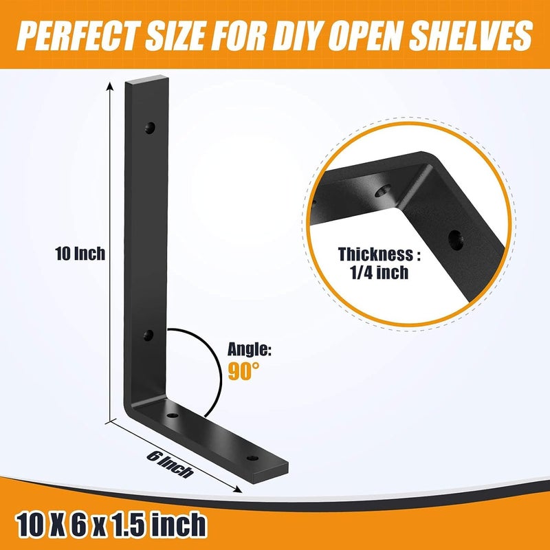 Hirvall L Shelf Brackets 10 x 6 Heavy Duty and Extra Thick Shelving Brackets Iron Wall Shelves Brackets with Hardware for DIY Open Wood Shelving 4 Pack - Image 5