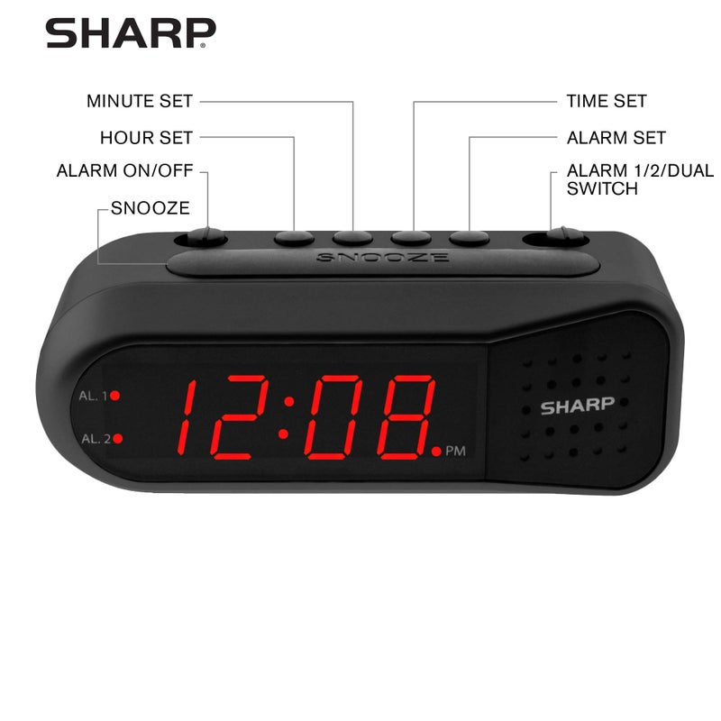 Sharp Easy-Set Digital Alarm Clock for Bedroom â€“ Large Red LED Display, Ascending Loud Alarm for Heavy Sleepers, Dual Alarm Weekday/Weekend, Simple Operation, Snooze & Dimmer Control, Battery Backup - Image 3