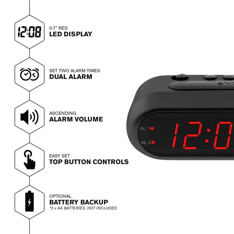 Sharp Easy-Set Digital Alarm Clock for Bedroom â€“ Large Red LED Display, Ascending Loud Alarm for Heavy Sleepers, Dual Alarm Weekday/Weekend, Simple Operation, Snooze & Dimmer Control, Battery Backup - Image 2