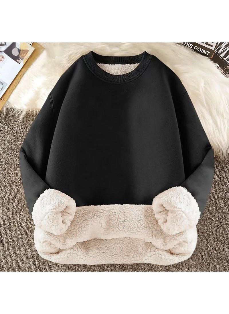 Generic - Warm Long Sleeve round Neck Mens T-Shirt Hoodie Camel Wool Blend Loose Fit Casual Trendy Mens Wear Polyester Fleece Winter Black Alpaca Sweatshirt - Image 1