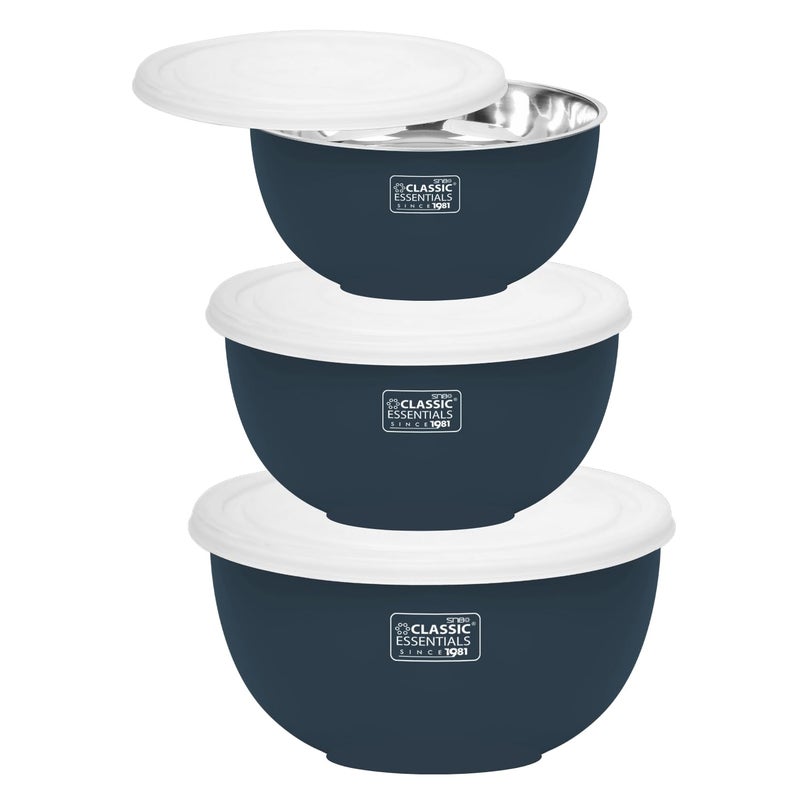 CLASSIC ESSENTIALS Stainless Steel Microwave Safe Mixing Bowls Set with Lid | Food Serving and Storage Containers | Scratch Resistant | Set of 3 (500 ml, 750 ml & 1250 ml) Blue - Image 1