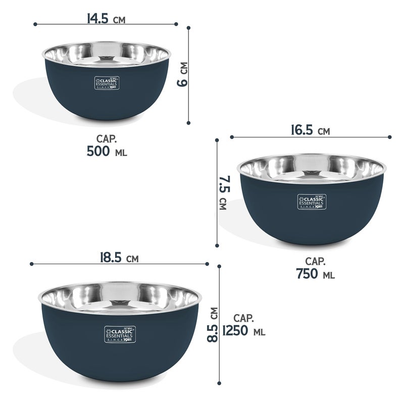 CLASSIC ESSENTIALS Stainless Steel Microwave Safe Mixing Bowls Set with Lid | Food Serving and Storage Containers | Scratch Resistant | Set of 3 (500 ml, 750 ml & 1250 ml) Blue - Image 2