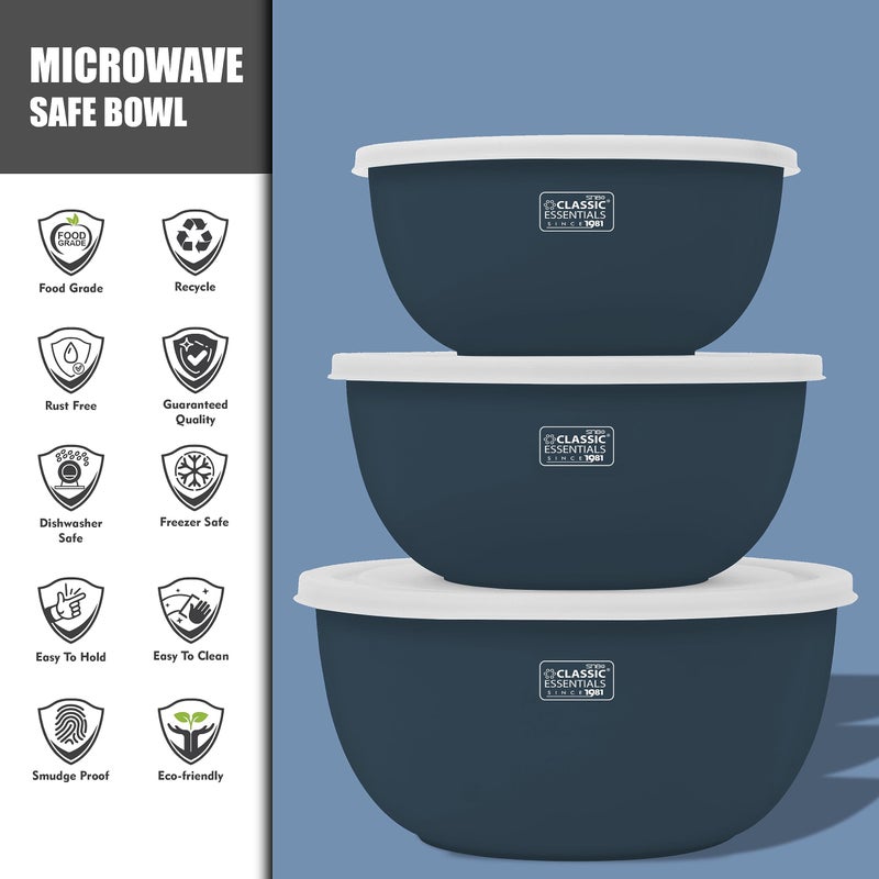 CLASSIC ESSENTIALS Stainless Steel Microwave Safe Mixing Bowls Set with Lid | Food Serving and Storage Containers | Scratch Resistant | Set of 3 (500 ml, 750 ml & 1250 ml) Blue - Image 3