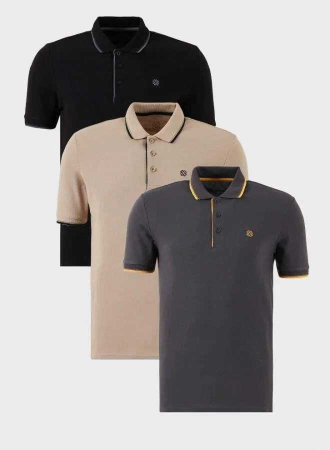 Buratti Buratti Cotton Slim Fit Stripe Detailed Buttoned Polo Collar 3-Pack T Shirt Men's T SHIRT 5902118S3