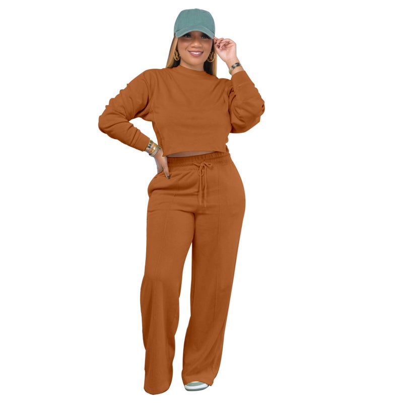 HY5331 European and American cute straight pants pocket suit two-piece set Brown