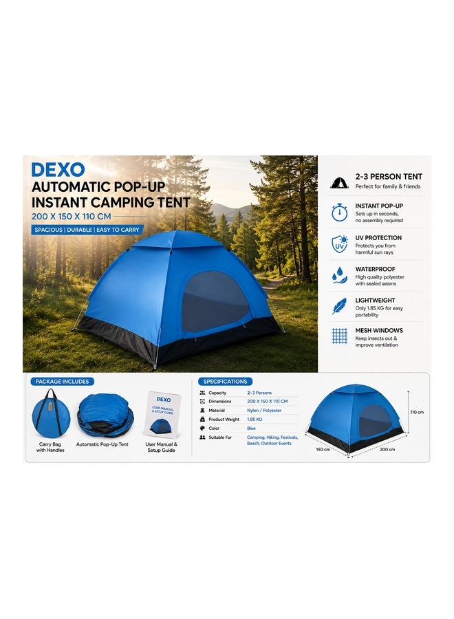 DEXO Automatic Pop-Up Instant Camping Tent 200X150X110CM , 2-3 Person Easy Setup Tent with UV Protection, Waterproof, Lightweight Travel Tent for Camping, Hiking & Festivals, Blue - Image 1