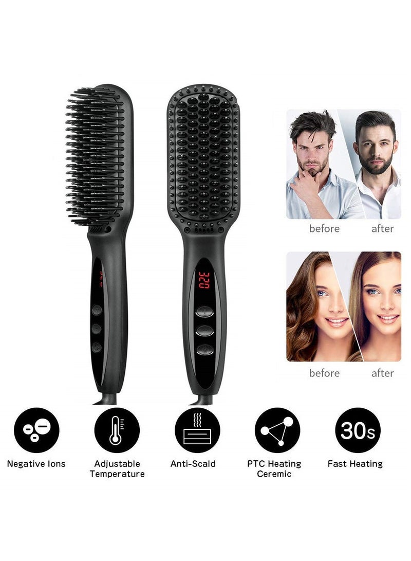 Hair Heated Straightening Brush,Negative Ion Hot Hair Brush for Smooth Frizz-Free Women Hair - Ceramic Flat Iron Brush - Dual Voltage Anti-Scald Safe Fast Heating