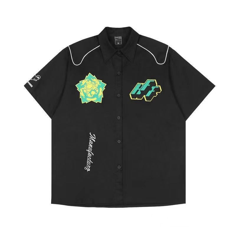 Generic American retro hiphop fried street racing suit shirt mens short sleeve summer loose ins fashion brand motorcycle thin shirt 64 black printed