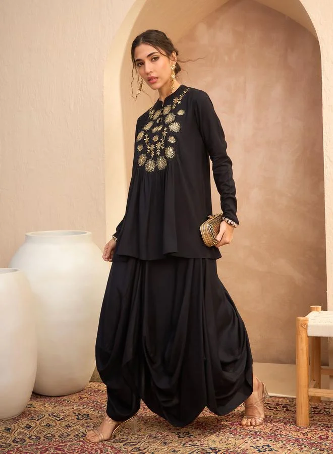 SASSAFRAS Sassafras Black Embroidered Peplum Top and Dhoti Skirt Set