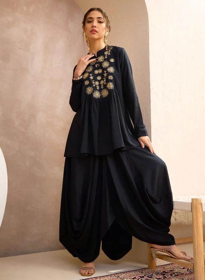 SASSAFRAS Sassafras Black Embroidered Peplum Top and Dhoti Skirt Set
