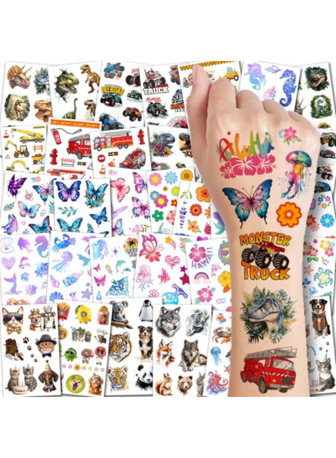 CHARLENT Temporary Tattoos for Kids 320 Mixed Styles 36 Sheets Tattoo Stickers Set for Boys and Girls Car Dinosaur Hawaii Mermaid Watercolor Animals Tattoos for Kids Birthday Party Supplies - Image 1