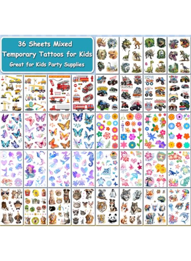 CHARLENT Temporary Tattoos for Kids 320 Mixed Styles 36 Sheets Tattoo Stickers Set for Boys and Girls Car Dinosaur Hawaii Mermaid Watercolor Animals Tattoos for Kids Birthday Party Supplies - Image 3
