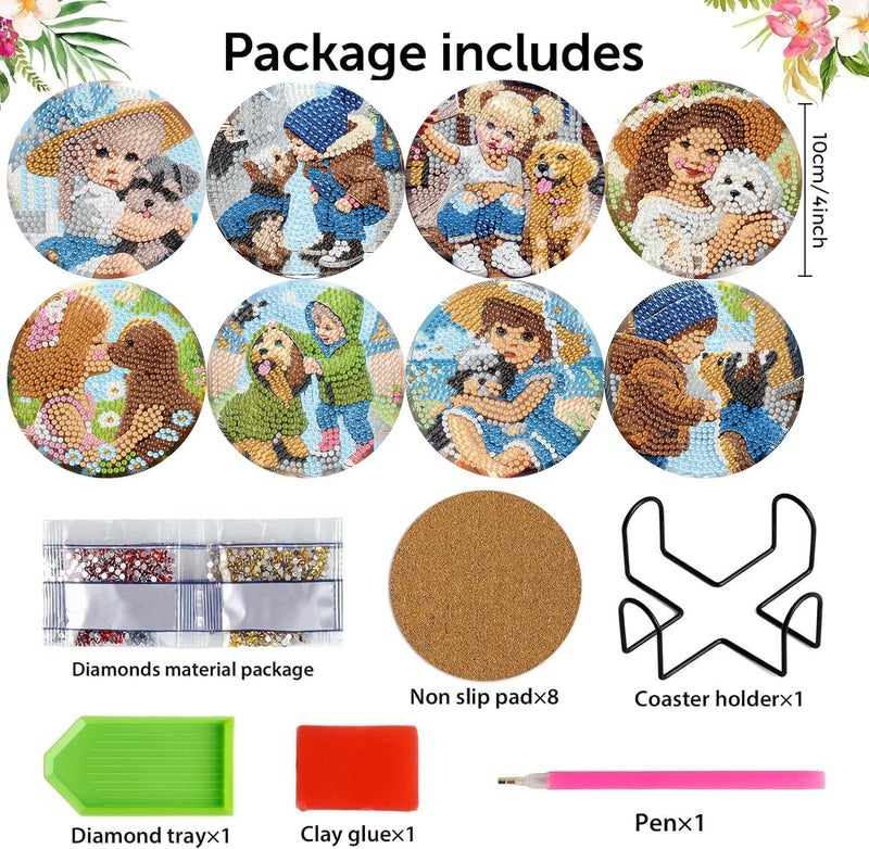 mrpwnle 8 Pack Diamond Art Coasters Kits-Dog Diamond Painting Coasters Kit Set with Holder Cork Pads, DIY Diamonds Art Non Slip Coaster Crafts Kits for Adults Beginners Gifts - Image 2