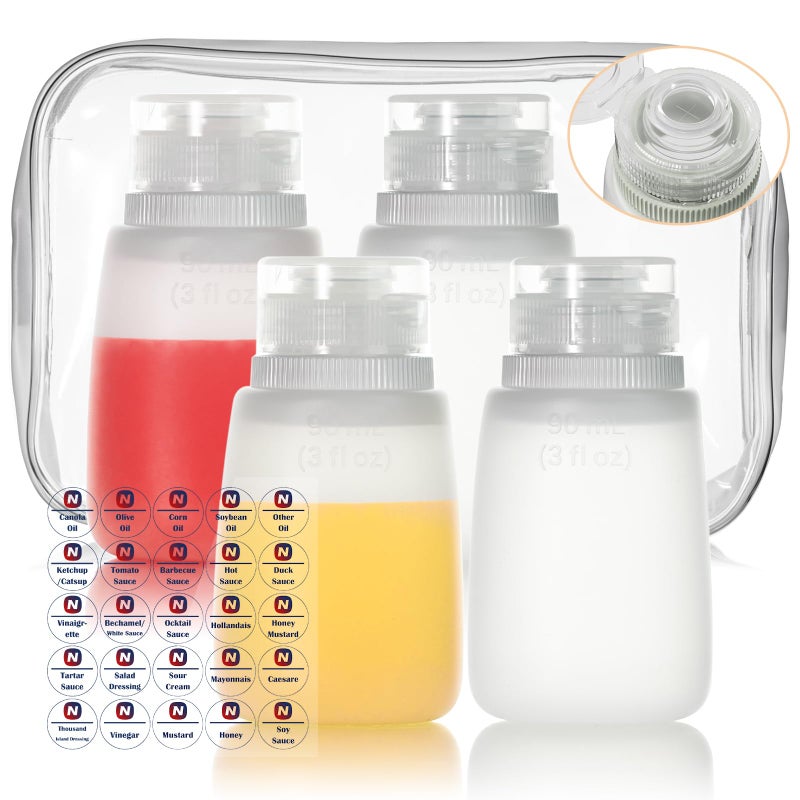Nacxbwer Condiment Squeeze Bottles for Ketchup Hot Sauce Liquids Oil with Caps for Condensed Milk and Mustard Salad Dressing Dispenser Silicone Bottles (Translucent, 3 oz * 4 Pack) - Image 1